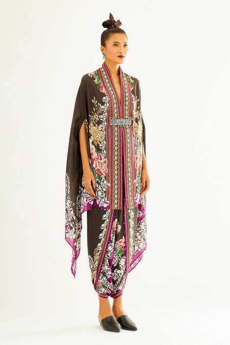 Rajdeep Ranawat Black Silk Floral V Neck Chloe Printed Cape Online at Aza Fashions Rajdeep Ranawat_Black Silk Floral V Neck Chloe Printed Cape_Online_at_Aza_Fashions