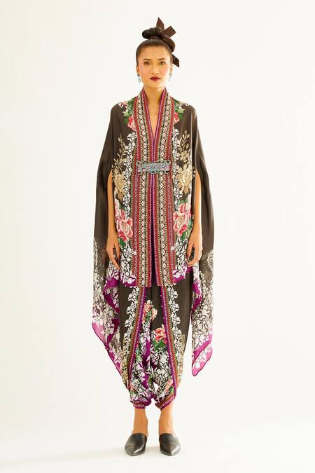 Buy Rajdeep Ranawat Black Silk Floral V Neck Chloe Printed Cape Online at Aza Fashions Buy_Rajdeep Ranawat_Black Silk Floral V Neck Chloe Printed Cape_Online_at_Aza_Fashions