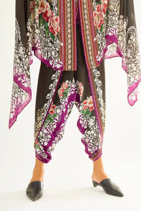 Shop Rajdeep Ranawat Black Silk Floral V Neck Chloe Printed Cape Online at Aza Fashions Shop_Rajdeep Ranawat_Black Silk Floral V Neck Chloe Printed Cape_Online_at_Aza_Fashions