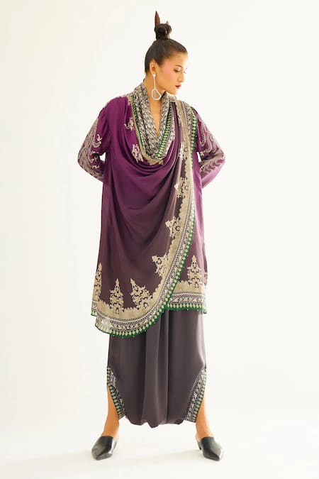 Rajdeep Ranawat Black Satin Printed Floral South Dhoti Pant