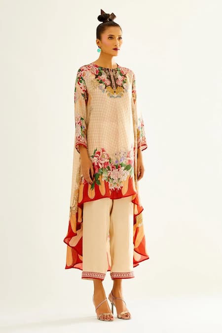 Buy_Rajdeep Ranawat_Beige Silk Printed Floral Round Neck Aarvi High Low Tunic  _Online_at_Aza_Fashions