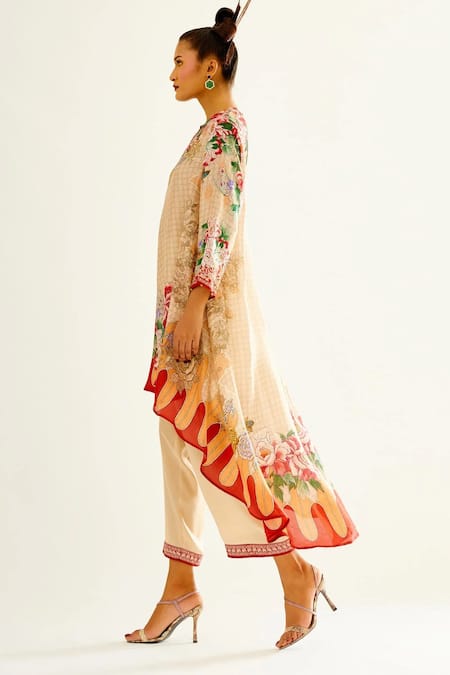 Rajdeep Ranawat_Beige Satin Floral Paloma Palazzo_Online_at_Aza_Fashions