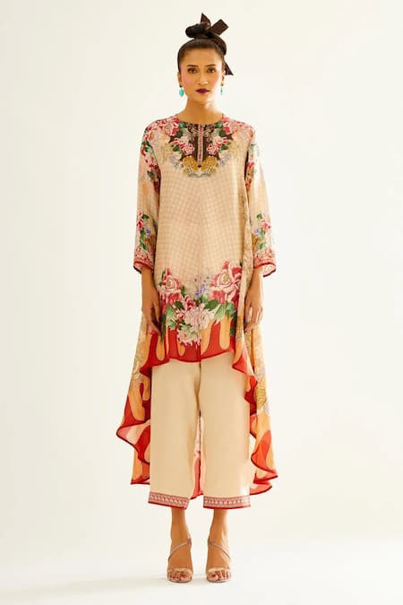 Buy_Rajdeep Ranawat_Beige Satin Floral Paloma Palazzo_Online_at_Aza_Fashions