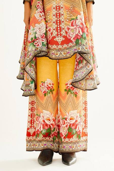 Rajdeep Ranawat_Yellow Satin Floral Permaz Printed Trouser_Online_at_Aza_Fashions