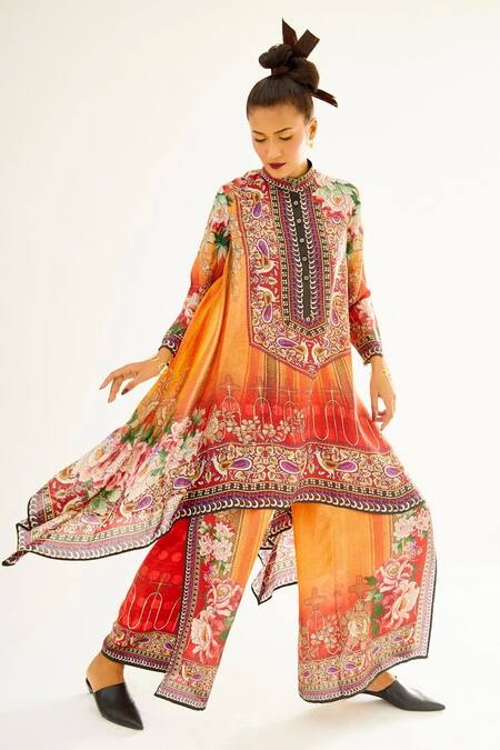 Shop_Rajdeep Ranawat_Orange Silk Printed Floral Band Collar Navya Draped Tunic _Online_at_Aza_Fashions