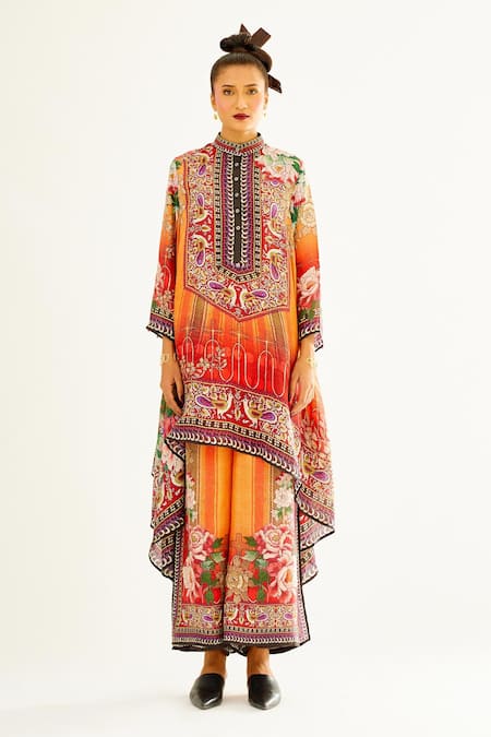 Rajdeep Ranawat Orange Silk Printed Floral Band Collar Navya Draped Tunic 