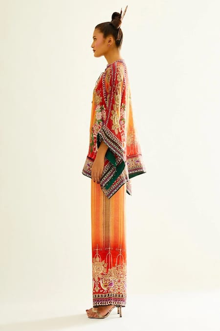 Rajdeep Ranawat Orange Silk Floral Mandarin Collar Ramona Poncho Tunic Online at Aza Fashions Rajdeep Ranawat_Orange Silk Floral Mandarin Collar Ramona Poncho Tunic_Online_at_Aza_Fashions