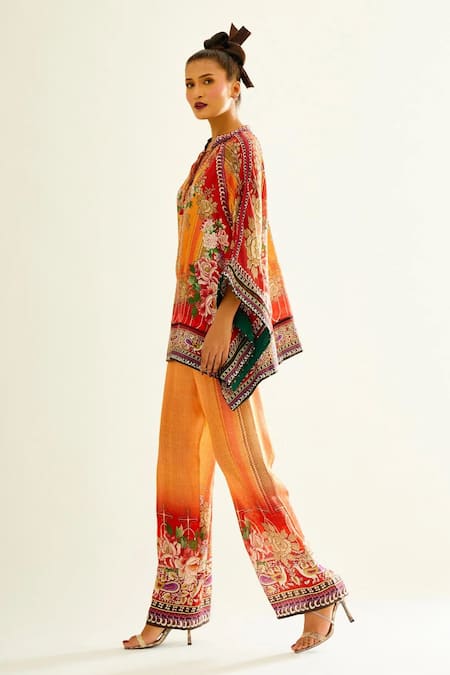 Buy Rajdeep Ranawat Orange Silk Floral Mandarin Collar Ramona Poncho Tunic Online at Aza Fashions Buy_Rajdeep Ranawat_Orange Silk Floral Mandarin Collar Ramona Poncho Tunic_Online_at_Aza_Fashions