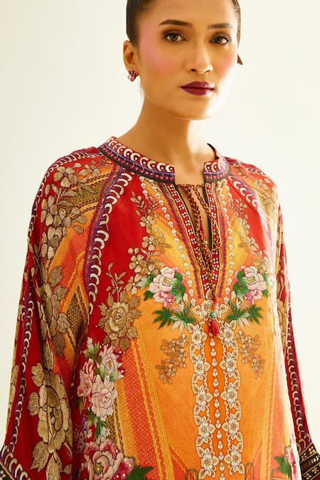 Shop Rajdeep Ranawat Orange Silk Floral Mandarin Collar Ramona Poncho Tunic Online at Aza Fashions Shop_Rajdeep Ranawat_Orange Silk Floral Mandarin Collar Ramona Poncho Tunic_Online_at_Aza_Fashions