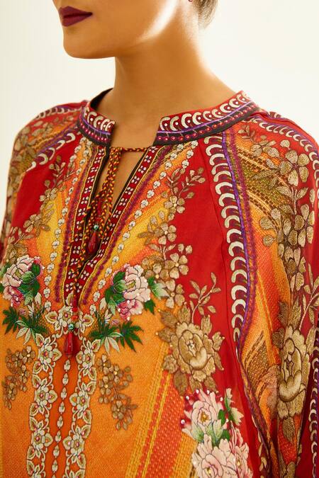 Rajdeep Ranawat Orange Silk Floral Mandarin Collar Ramona Poncho Tunic at Aza Fashions Rajdeep Ranawat_Orange Silk Floral Mandarin Collar Ramona Poncho Tunic_at_Aza_Fashions