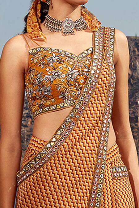 Buy Awigna Yellow Georgette Print Zig-zag Motifs Pre-stitched Saree With Blouse Online at Aza Fashions Buy_Awigna_Yellow Georgette Print Zig-zag Motifs Pre-stitched Saree With Blouse_Online_at_Aza_Fashions