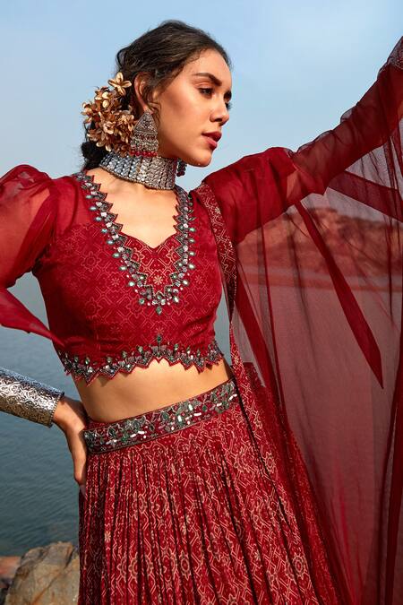 Awigna_Red Organza, Georgette, Soft Net V Neck Printed Bridal Lehenga Set And Blouse_Online_at_Aza_Fashions