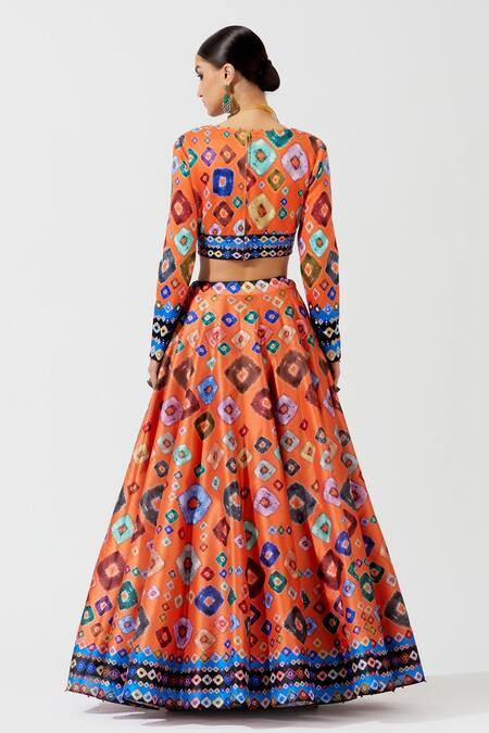Shop Rajdeep Ranawat Orange Blouse Lycra Lehenga Dupion Dupatta Kota Silk Geometric Printed Set at Aza Fashions Shop_Rajdeep Ranawat_Orange Blouse Lycra Lehenga Dupion Dupatta Kota Silk Geometric Printed Set_at_Aza_Fashions