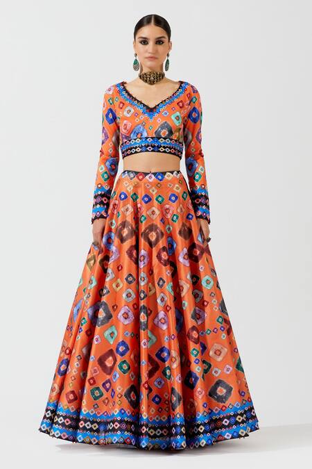 Rajdeep Ranawat Orange Blouse Lycra Lehenga Dupion Dupatta Kota Silk Geometric Printed Set Online at Aza Fashions Rajdeep Ranawat_Orange Blouse Lycra Lehenga Dupion Dupatta Kota Silk Geometric Printed Set_Online_at_Aza_Fashions