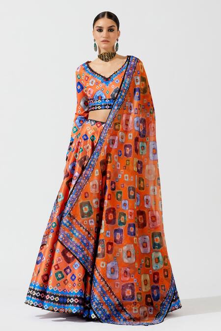 Buy Rajdeep Ranawat Orange Blouse Lycra Lehenga Dupion Dupatta Kota Silk Geometric Printed Set Online at Aza Fashions Buy_Rajdeep Ranawat_Orange Blouse Lycra Lehenga Dupion Dupatta Kota Silk Geometric Printed Set_Online_at_Aza_Fashions