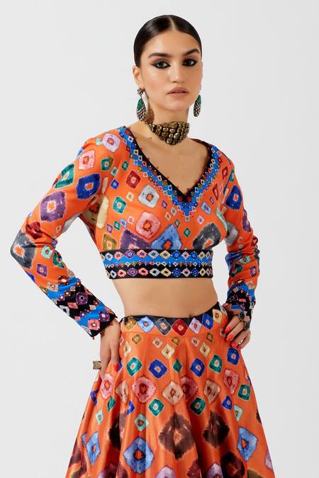 Shop Rajdeep Ranawat Orange Blouse Lycra Lehenga Dupion Dupatta Kota Silk Geometric Printed Set Online at Aza Fashions Shop_Rajdeep Ranawat_Orange Blouse Lycra Lehenga Dupion Dupatta Kota Silk Geometric Printed Set_Online_at_Aza_Fashions