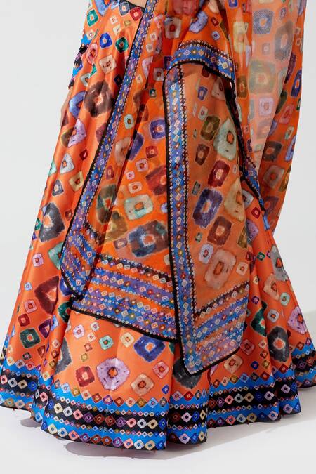Rajdeep Ranawat Orange Blouse Lycra Lehenga Dupion Dupatta Kota Silk Geometric Printed Set at Aza Fashions Rajdeep Ranawat_Orange Blouse Lycra Lehenga Dupion Dupatta Kota Silk Geometric Printed Set_at_Aza_Fashions