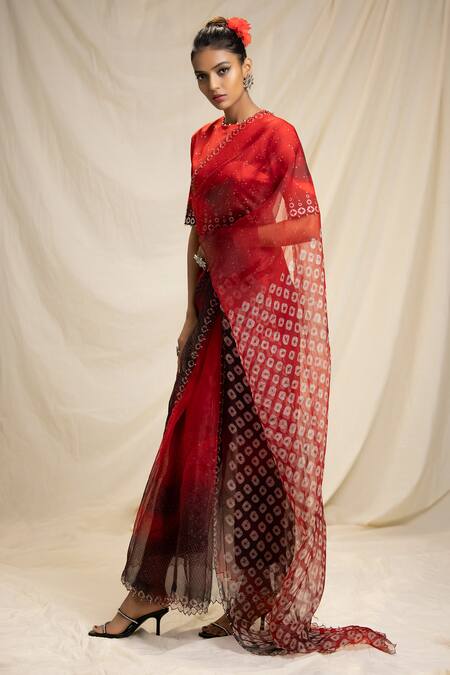 Rajdeep Ranawat Red Lycra, Shantoon, Organza Silk Round Bandhani Print Saree Online at Aza Fashions Rajdeep Ranawat_Red Lycra, Shantoon, Organza Silk Round Bandhani Print Saree_Online_at_Aza_Fashions