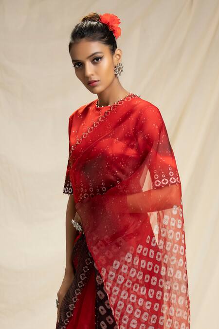 Buy Rajdeep Ranawat Red Lycra, Shantoon, Organza Silk Round Bandhani Print Saree Online at Aza Fashions Buy_Rajdeep Ranawat_Red Lycra, Shantoon, Organza Silk Round Bandhani Print Saree_Online_at_Aza_Fashions