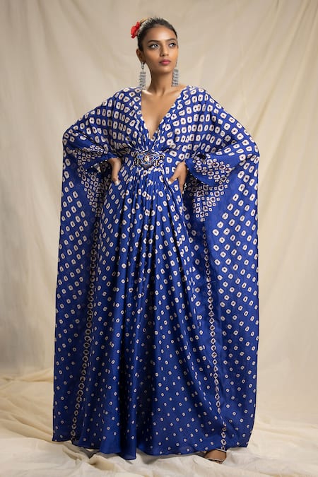 Rajdeep Ranawat Blue Silk V Neck Bandhani Print Kaftan  