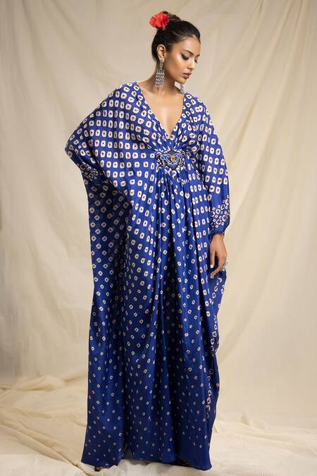 Shop Rajdeep Ranawat Blue Silk V Neck Bandhani Print Kaftan at Aza Fashions Shop_Rajdeep Ranawat_Blue Silk V Neck Bandhani Print Kaftan_at_Aza_Fashions
