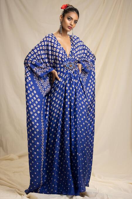 Rajdeep Ranawat Blue Silk V Neck Bandhani Print Kaftan Online at Aza Fashions Rajdeep Ranawat_Blue Silk V Neck Bandhani Print Kaftan_Online_at_Aza_Fashions