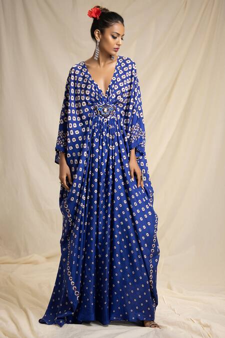 Buy Rajdeep Ranawat Blue Silk V Neck Bandhani Print Kaftan Online at Aza Fashions Buy_Rajdeep Ranawat_Blue Silk V Neck Bandhani Print Kaftan_Online_at_Aza_Fashions