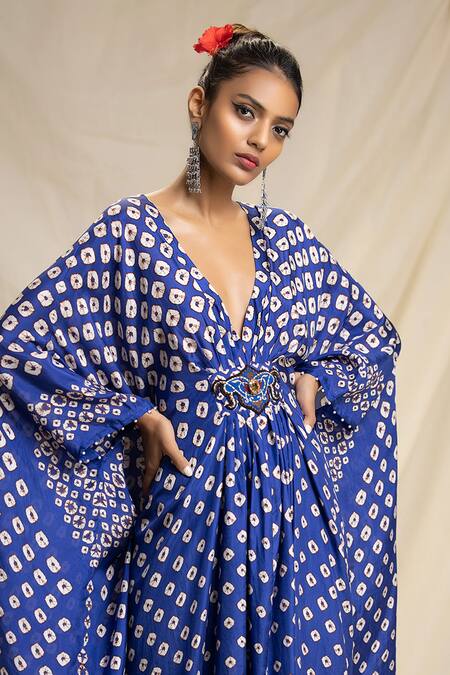 Shop Rajdeep Ranawat Blue Silk V Neck Bandhani Print Kaftan Online at Aza Fashions Shop_Rajdeep Ranawat_Blue Silk V Neck Bandhani Print Kaftan_Online_at_Aza_Fashions