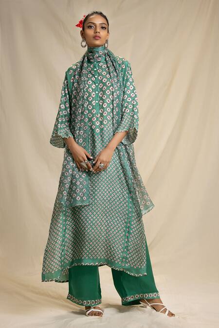 Buy_Rajdeep Ranawat_Green , Kota Round Bandhani Print Kurta Set_Online_at_Aza_Fashions