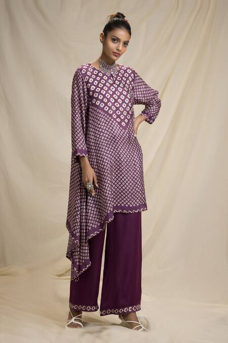 Rajdeep Ranawat_Purple Silk Round Bandhani Print Tunic And Pant Set_Online_at_Aza_Fashions
