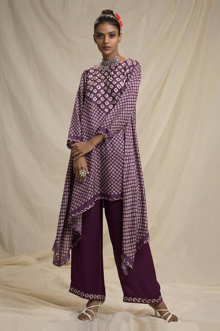 Buy_Rajdeep Ranawat_Purple Silk Round Bandhani Print Tunic And Pant Set_Online_at_Aza_Fashions