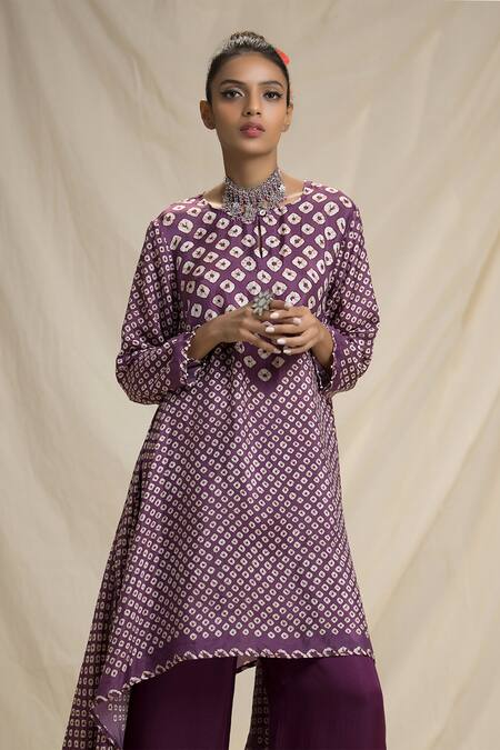 Rajdeep Ranawat_Purple Silk Round Bandhani Print Tunic And Pant Set_at_Aza_Fashions