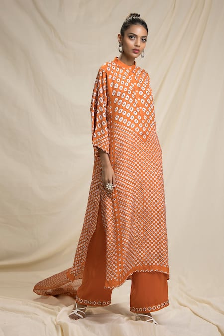 Rajdeep Ranawat Orange Silk Band Collar Bandhani Print Kurta And Pant Set  