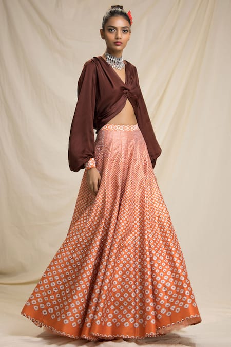 Rajdeep Ranawat_Orange Satin, Dupion V Neck Bandhani Print Lehenga Set_Online_at_Aza_Fashions