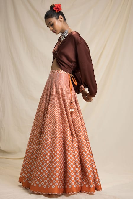 Buy_Rajdeep Ranawat_Orange Satin, Dupion V Neck Bandhani Print Lehenga Set_Online_at_Aza_Fashions
