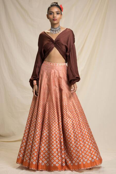Shop_Rajdeep Ranawat_Orange Satin, Dupion V Neck Bandhani Print Lehenga Set_Online_at_Aza_Fashions