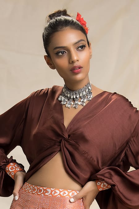 Rajdeep Ranawat_Orange Satin, Dupion V Neck Bandhani Print Lehenga Set_at_Aza_Fashions