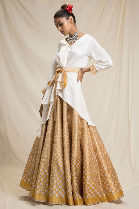 Buy_Rajdeep Ranawat_Yellow Satin, Dupion V Neck Asymmetric Tunic And Bandhani Print Lehenga Set_Online_at_Aza_Fashions