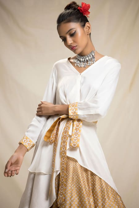 Shop_Rajdeep Ranawat_Yellow Satin, Dupion V Neck Asymmetric Tunic And Bandhani Print Lehenga Set_Online_at_Aza_Fashions