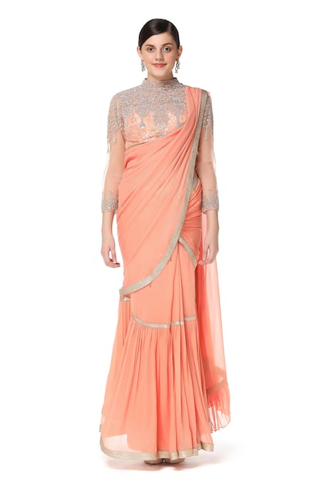 Rabani & Rakha_Peach Net, Georgette High Neck Tiered Lehenga Saree _Online_at_Aza_Fashions