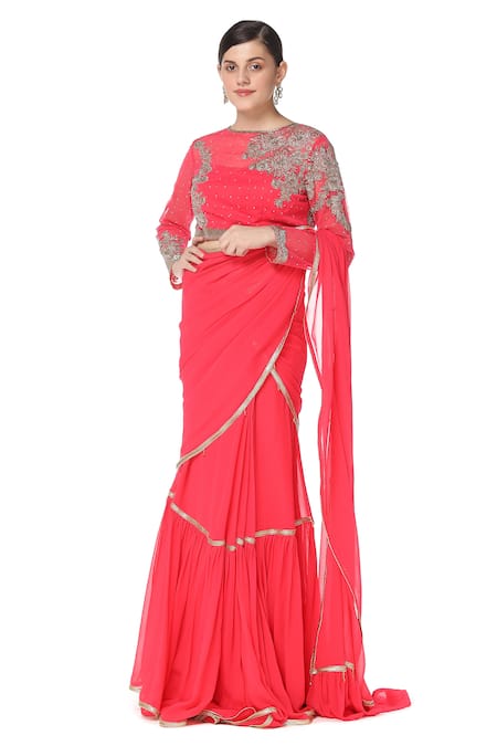 Rabani & Rakha_Pink Georgette Round Tiered Lehenga Saree  _Online_at_Aza_Fashions