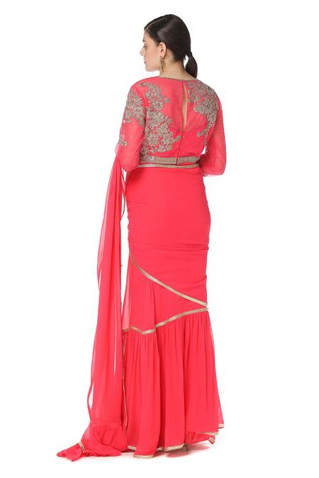 Shop_Rabani & Rakha_Pink Georgette Round Tiered Lehenga Saree  _at_Aza_Fashions