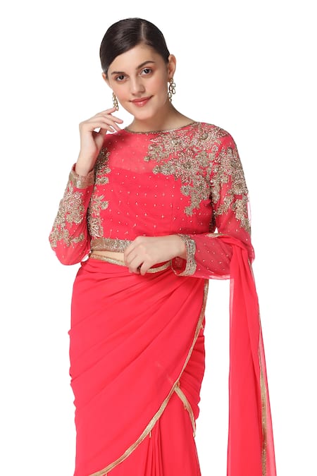 Buy_Rabani & Rakha_Pink Georgette Round Tiered Lehenga Saree  _Online_at_Aza_Fashions