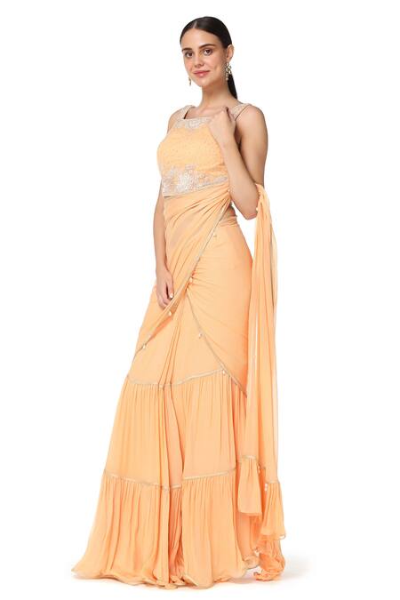 Rabani & Rakha_Peach Net, Georgette V Neck Tiered Lehenga Saree _Online_at_Aza_Fashions