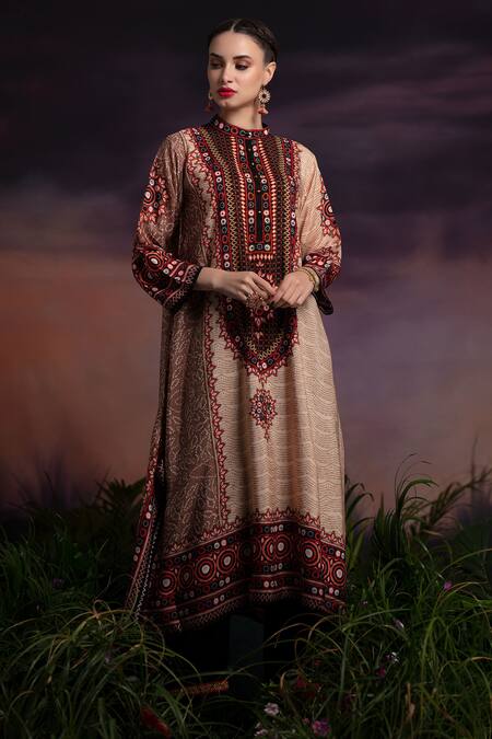 Rajdeep Ranawat Beige Silk Zeynep Printed Tunic Online at Aza Fashions Rajdeep Ranawat_Beige Silk Zeynep Printed Tunic_Online_at_Aza_Fashions