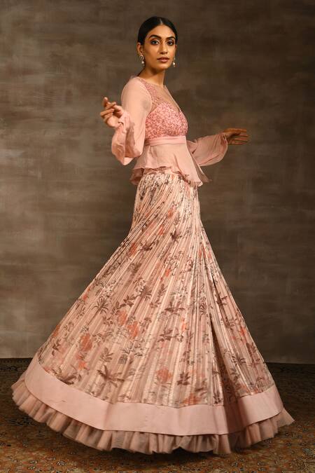 Radhika & Raghav_Pink Tulle, Chiffon And Silk Chanderi Sequin & Floral Print, Lehenga & Top Set_Online_at_Aza_Fashions