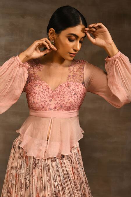 Buy_Radhika & Raghav_Pink Tulle, Chiffon And Silk Chanderi Sequin & Floral Print, Lehenga & Top Set_Online_at_Aza_Fashions