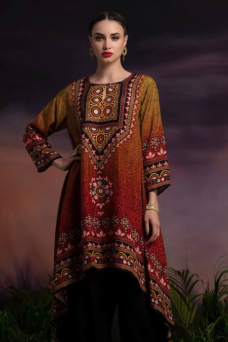 Shop Rajdeep Ranawat Red Silk Navya Printed Asymmetric Tunic Online at Aza Fashions Shop_Rajdeep Ranawat_Red Silk Navya Printed Asymmetric Tunic_Online_at_Aza_Fashions