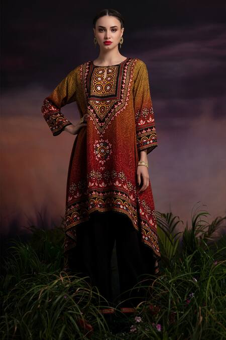 Buy Rajdeep Ranawat Red Silk Navya Printed Asymmetric Tunic Online at Aza Fashions Buy_Rajdeep Ranawat_Red Silk Navya Printed Asymmetric Tunic_Online_at_Aza_Fashions