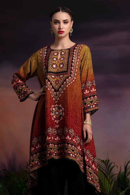Buy_Rajdeep Ranawat_Red Silk Navya Asymmetric Tunic And Pant Set_Online_at_Aza_Fashions
